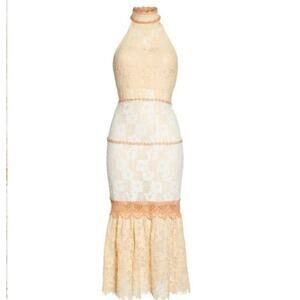 Foxiedox Amelia Lace Halter Midi Dress L Cream Ivory Cottagecore Romantic Boho